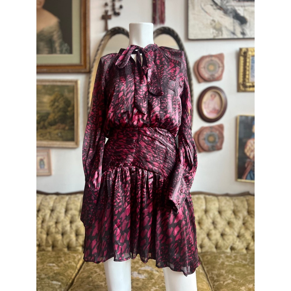 New Walter Baker Beth Leopard Print Dress in Magenta & Black Size Small